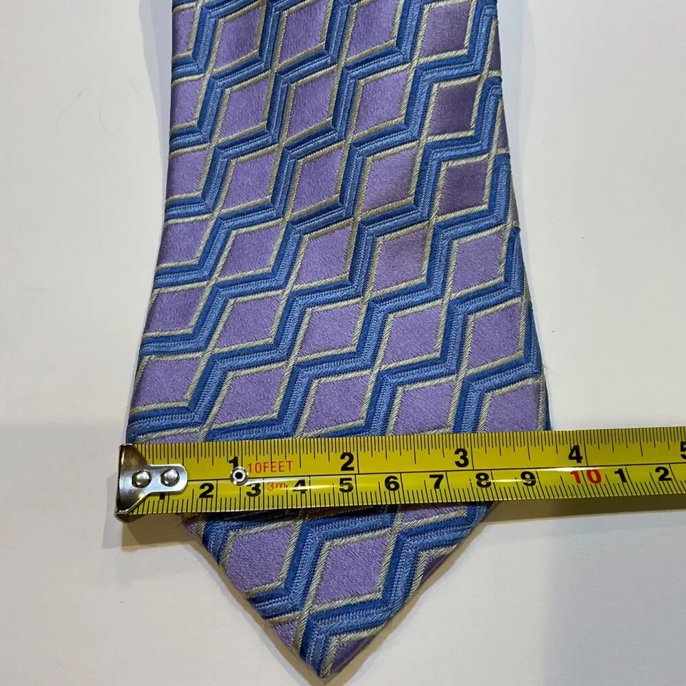 XMI Platinum Men's Tie Blue Purple Geometric Italian Silk Handmade in USA 60”